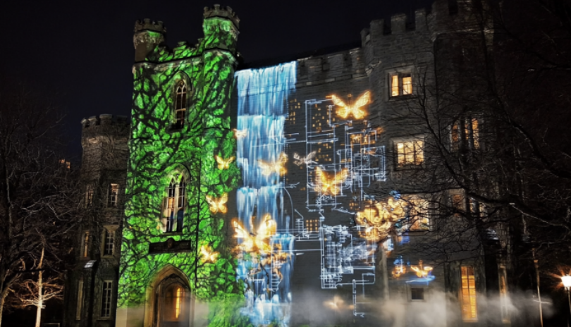 Historic building in London, Ontario illuminated with projections.